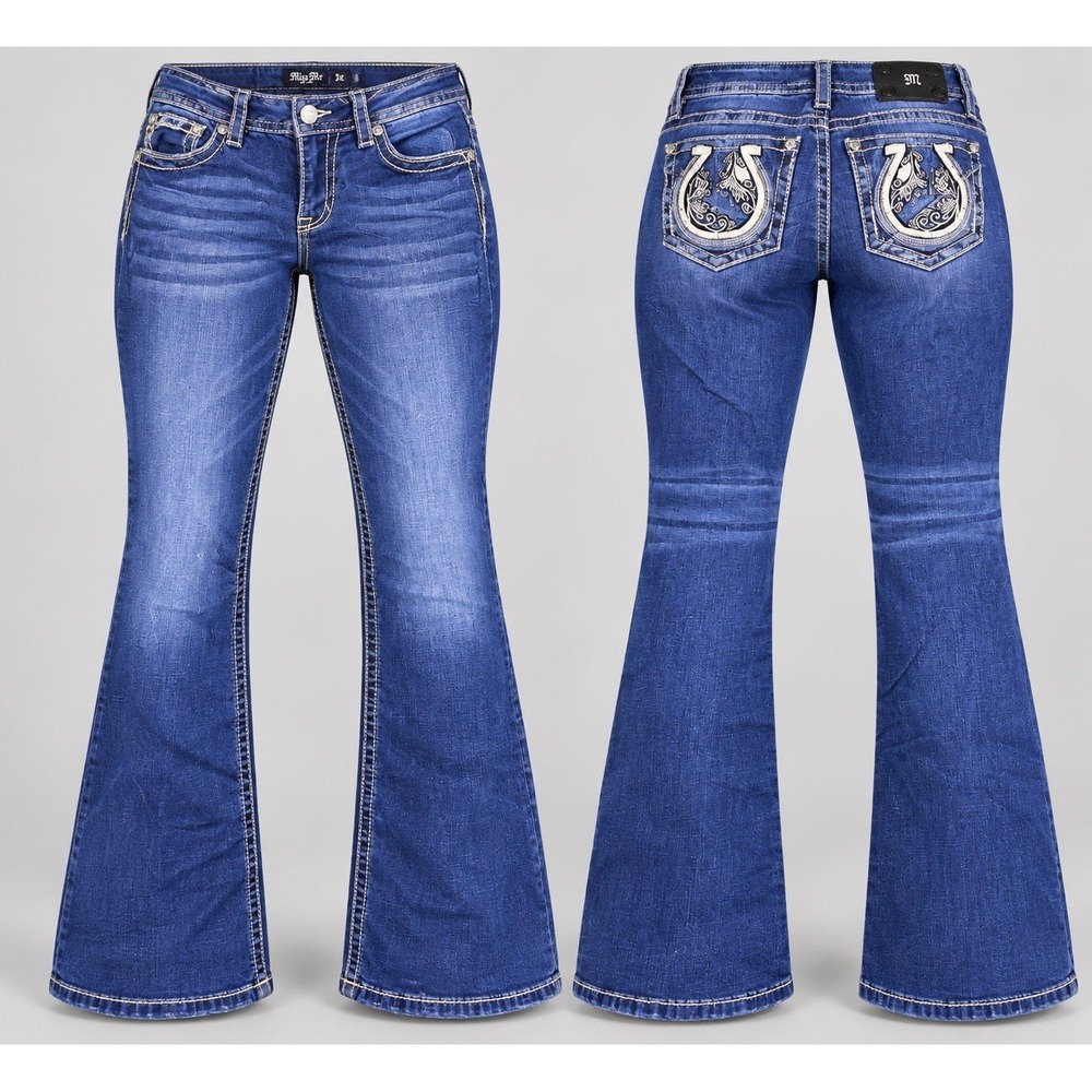 Miss Me boot jeans womens  30x30 mid rise sequins rhinestone horseshoe cowboy